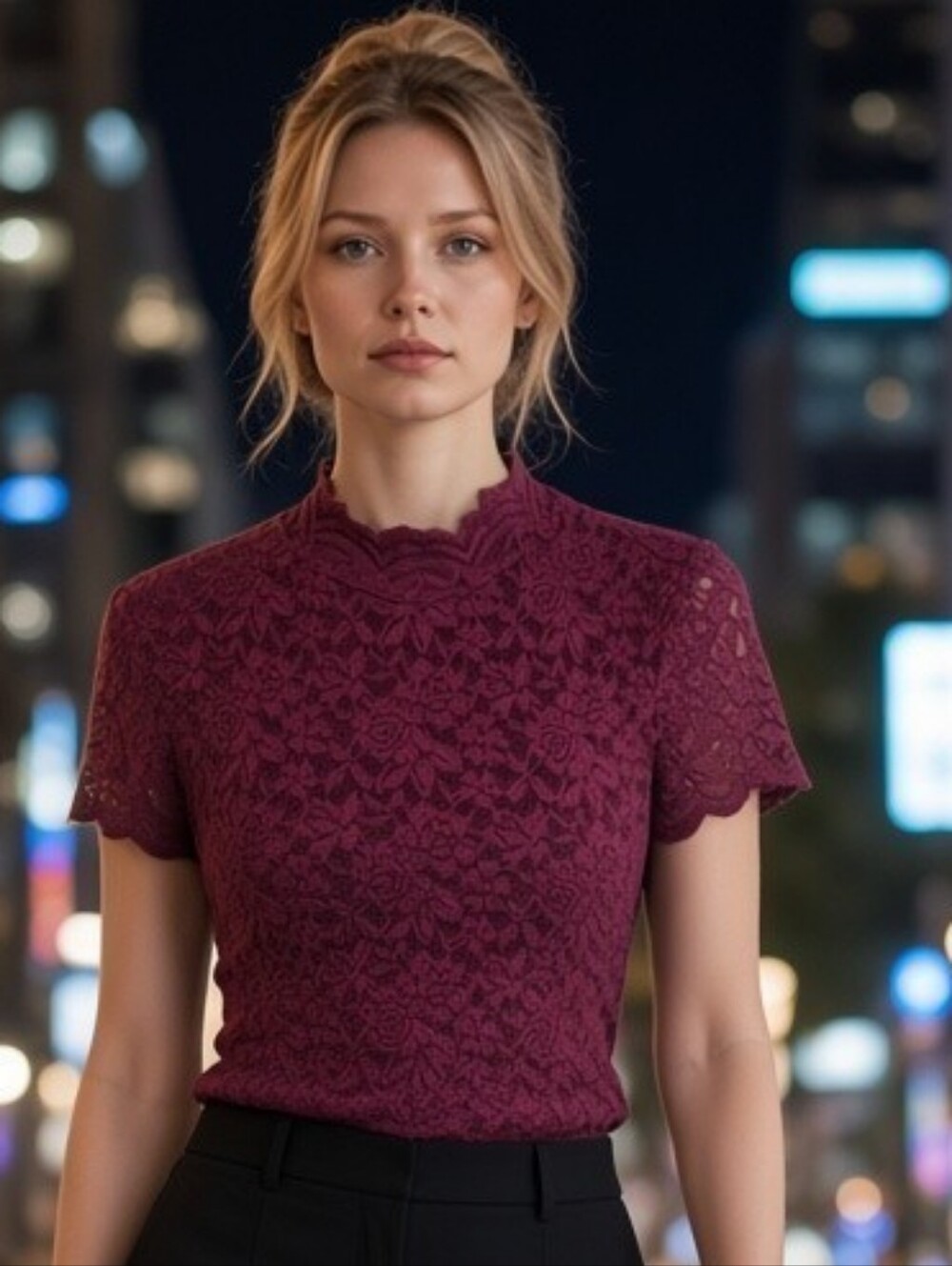 No Boundaries Burgundy Floral Lace Mock Neck Top XS
